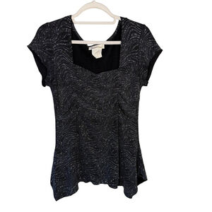 Tradition Black Metallic Swirl Short Sleeve Top Size 10 Vintage Y2K Dressy